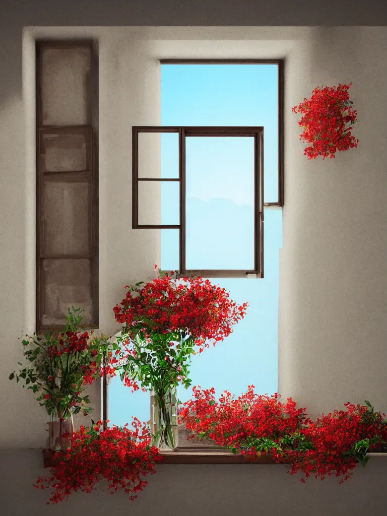 Image similar to a old house window with a vase of red flowers with view to a sunrise, blue wall, a wooden chair near the window, concept art, octane render, unreal engine 5, trending on deviantart, highly detailed, high quality, hd, digital painting, masterpiece, geometric, symmetrical, low contrast, beautiful, high coherence, natural lighting, intense lighting