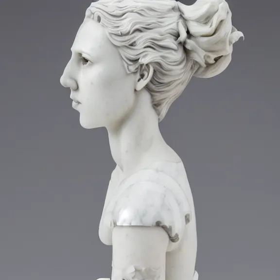 Prompt: a white art nouveau marble sculptural bust of a worried young scarlett johansson as joan of arc, with silver plate armor, delicate, intricate, smooth, beautiful, by charles van der stappen