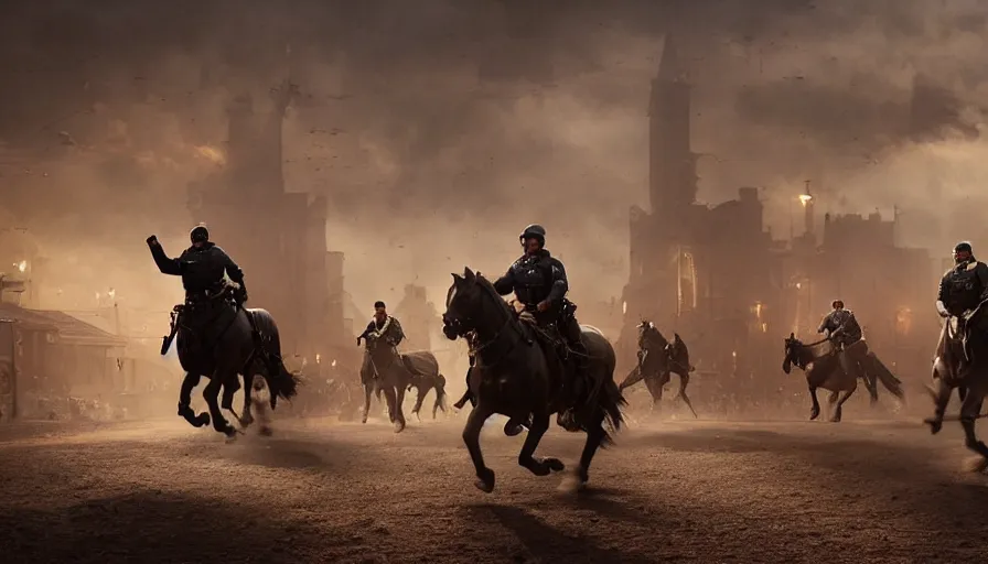 Image similar to police riding a mechanical horse through an orwellian town, troops searching the area, furious action scene, an epic fantasy, dramatic lighting, cinematic, establishing shot, extremely high detail, photorealistic, cinematic lighting, artstation, octane render, by Christopher Nolan, horizon forbidden west