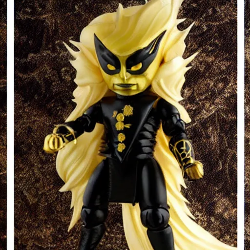 Prompt: Photo of an Evil moonface action figure, japanese action figure, gold and black color scheme