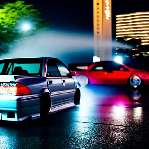 Prompt: a car JZX100 turbo at illegal car meet, Saitama prefecture, city midnight mist lights, cinematic color, photorealistic, highly detailed, 200MM