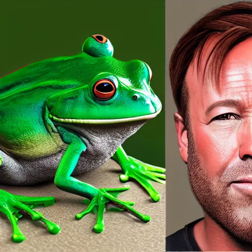 Prompt: hyperrealistic mixed media image of a!! alex jones!! as a frog, stunning 3 d render inspired art by xiang duan and thomas eakes, perfect symmetry, realistic, highly detailed attributes and atmosphere, dim volumetric cinematic lighting, 8 k octane extremely hyper - detailed render, post - processing, masterpiece,