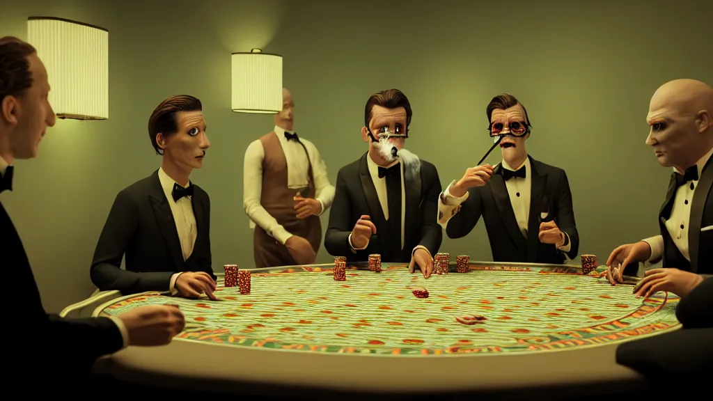 Prompt: hyperrealism simulation highly detailed human turtles'wearing detailed tuxedos and smoking, playing poker in surreal scene from dark scary movie from future by wes anderson and denis villeneuve and mike winkelmann rendered in blender and octane render