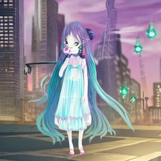 Prompt: gloomy ghost girl in a pretty mid-length dress with a sharp katana in front of a cybercity in pastel colors, high detail photo