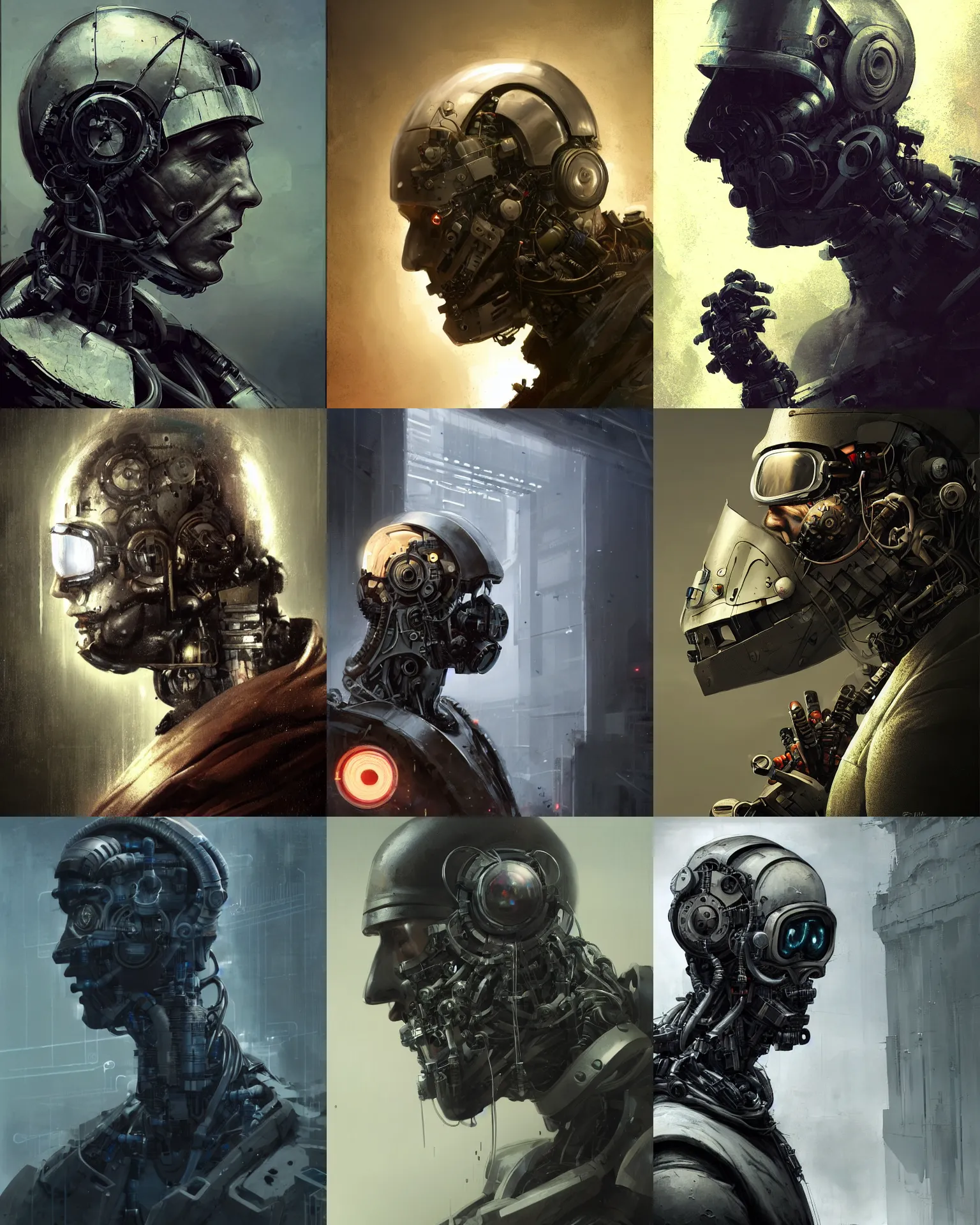 Image similar to a half - masked rugged young laboratory engineer man with cybernetic enhancements as seen from a distance, scifi character portrait by greg rutkowski, esuthio, craig mullins, 1 / 4 headshot, cinematic lighting, dystopian scifi gear, gloomy, profile picture, mechanical, half robot, implants, steampunk