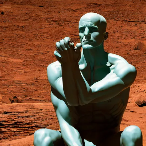 Prompt: Dr. Manhattan contemplating life on mars, in the style of the The Thinker statue, 8k photograph