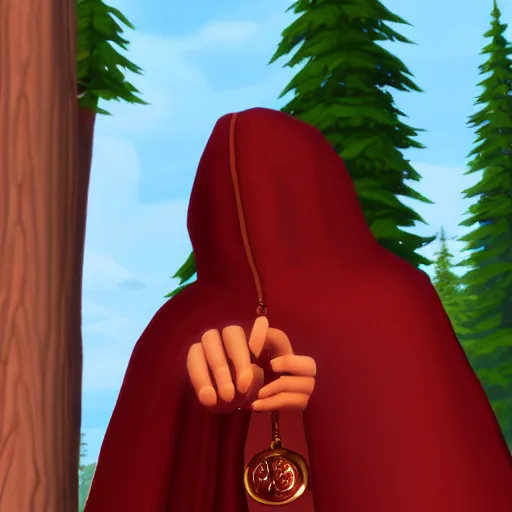 Image similar to a red hooded wizard holding a bell in sims 4 screenshot