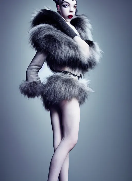 Prompt: full body environmental portrait photo of anya taylor - joy as catgirl, headpiece made from fur, glamour shot by gemmy woud - binnendijk, chris knight, photorealistic, canon r 3, fashion photography, elegant, luxury and elite, symmetry, octane render, unreal engine, solid dark grey background, dramatic lights, high fashion journal cover