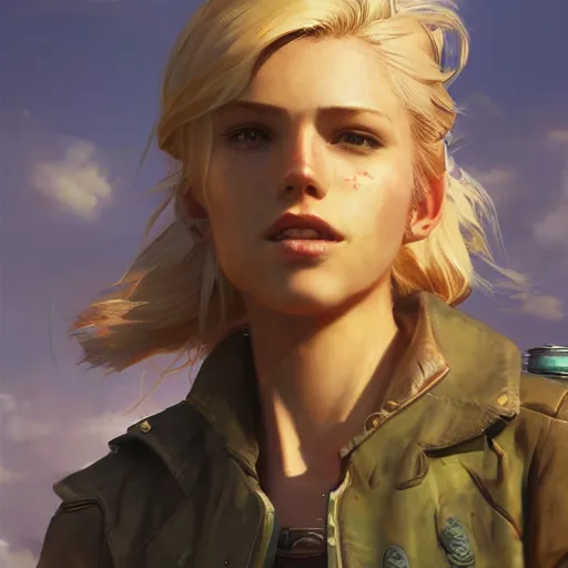 Image similar to fallout 5, charismatic beautiful rugged blonde female protagonist, portrait, outdoors tropical cityscape, atmospheric lighting, painted, intricate, volumetric lighting, beautiful, daytime, sunny weather, few clouds, sharp focus, deep colours, ultra detailed, art by krenz cushart and wenjun lin