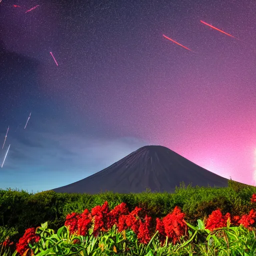 Image similar to photo of a volcano in eruption with a lot of flowers, bright shootings stars in the sky in the background, highly detailled, 4 k