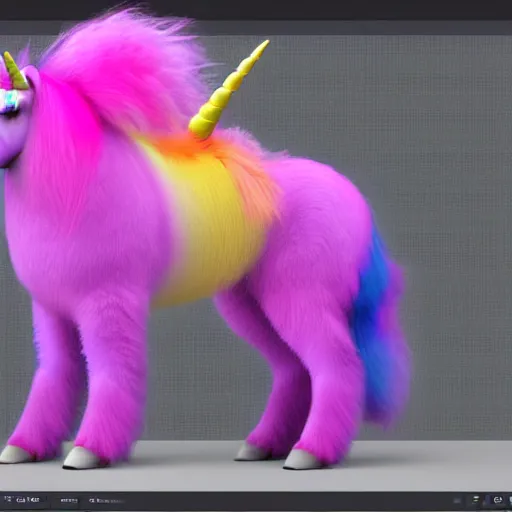 Prompt: a furry unicorn based on a percheron horse, the unicorn fur is purple, pink and yellow with an ombre effect, the unicorn is beautiful, made with unreal engine 5 very expensive effects, a lot of detail in the fur to look realistic