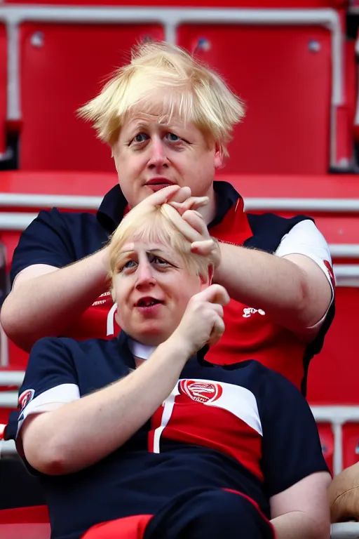 Image similar to boris johnson in the stadium wearing the red and white arsenal shirt, photographed, sunny day, portrait, photographic