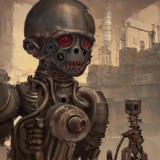 Prompt: closeup portrait of minimalist cyborg midget goblin with painful implants inside byzantine kowloon hoarder workshop filled with dieselpunk equipment, socialist realist composition by by greg rutkowski and h. r. giger and stalenhag and deak ferrand, studio ghibli composition