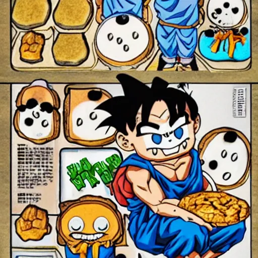 Image similar to evil anthropomorphic cookie cooking a bunch of cookies, in the kitchen, in dragon ball manga by akira toriyama, black ink