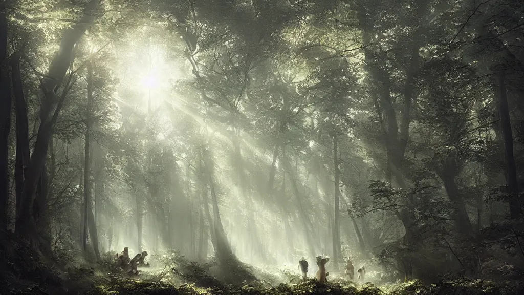 Image similar to a sunlit spot in the dark forest. andreas achenbach, artgerm, mikko lagerstedt, zack snyder, tokujin yoshioka