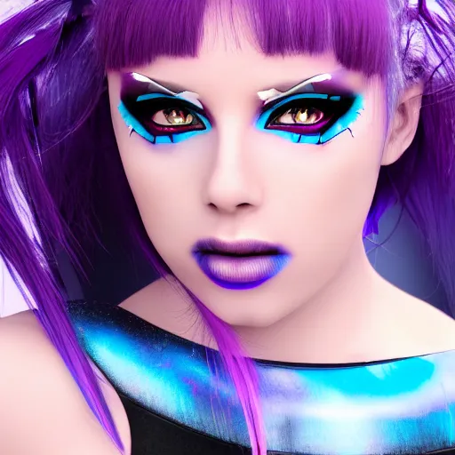 Image similar to a ultra detailed cyber girl with violet punk hair, ultra realistic wild face and wild eyes
