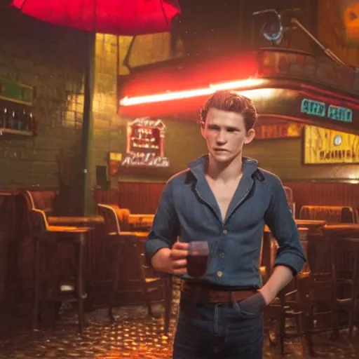 Image similar to tom holland at a 1 9 5 0's bar during a rainy night, cinematic lighting, photorealistic