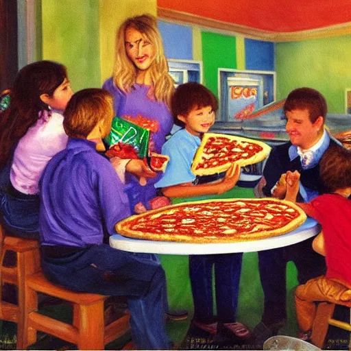 Image similar to a painting of chuck-e-cheese with kids eating pizza by monet