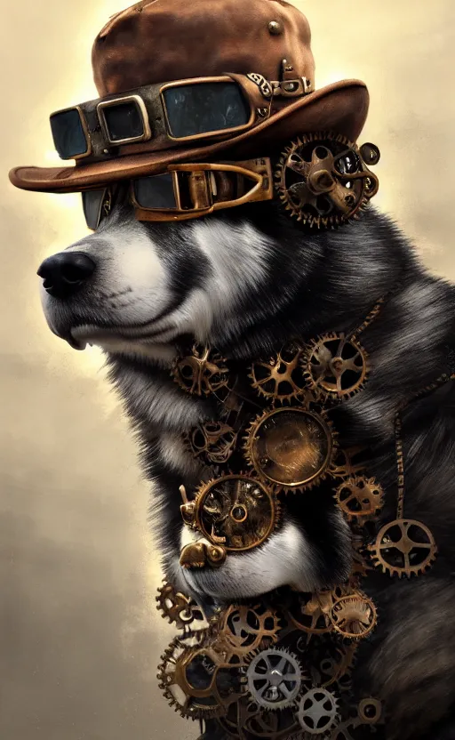 Image similar to hyper realistic ultra - detailed portrait of alaskan malamute face, steampunk hat with goggles and gears, upper body, detective coat, sharp focus, illustration, fantasy style, octane render, volumetric lighting, 8 k high definition, wide shot, by greg rutkowski, highly detailed, trending on art station