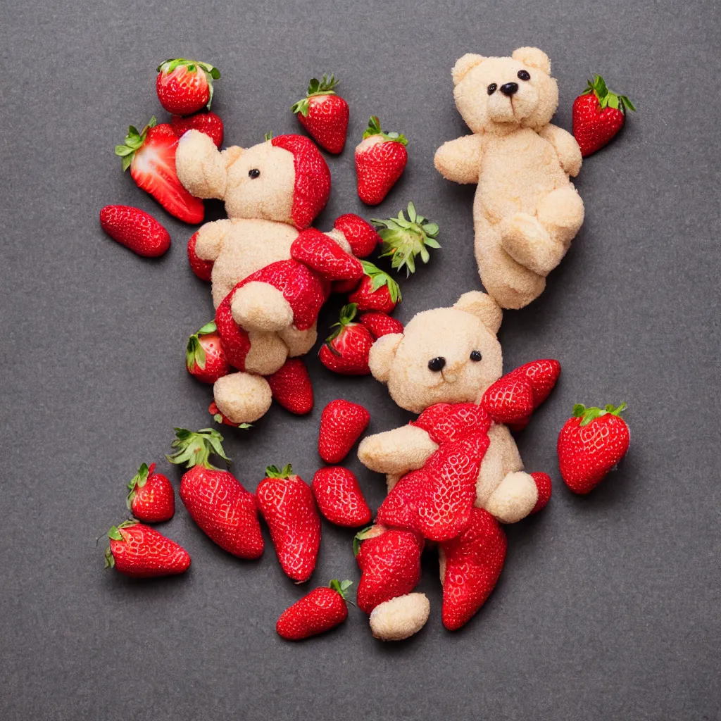 Prompt: a strawberry teddy bear, food photography studio lighting professional