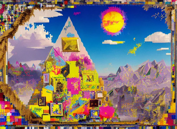 Prompt: pixel art, decollage, dumpster with colorful huge baroque trash can, montain view landscape with a semitranslucent inverted floral pyramids, opaque shattered windows and twisted porcelain bats, in a golden sunset sky, by adrian ghenie, francis bacon, daniel richter and hilma af klint, extremely detailed, graffiti letters, children painting, amateur, 8k