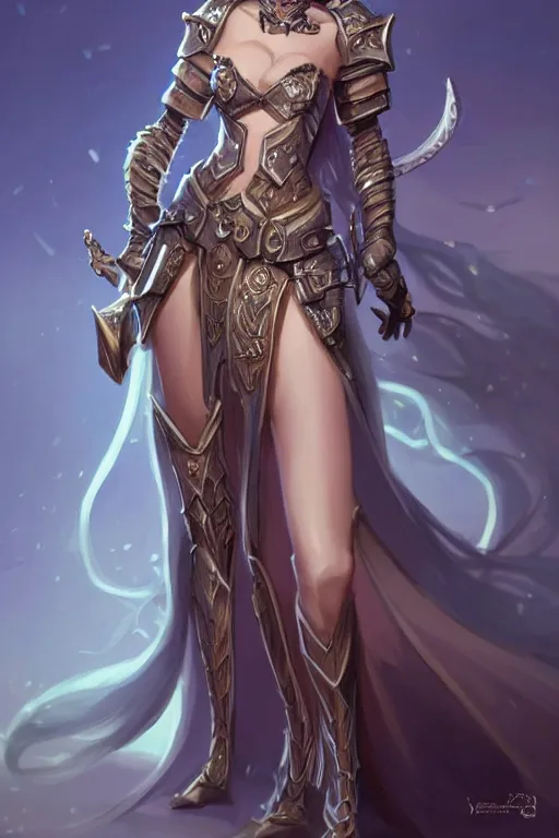 Image similar to a full body portrait of a gorgeous female paladin, D&D, choker on neck, stylish dress, very long flowing hair, intricate, elegant, stylish, cute slightly nerdy smile, mouth slightly open, fantasy, extremely detailed, digital painting, artstation, concept art, smooth, sharp focus, illustration, art by artgerm and greg rutkowski and alphonse mucha