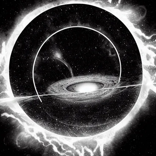 Prompt: tattoo png logo of black hole rising above city, city destroyed by shockwave, black hole with accretion disс, digital art, vector logo, sticker, black and white, art by brock hofer, marc simonetti, zdzisław beksinski