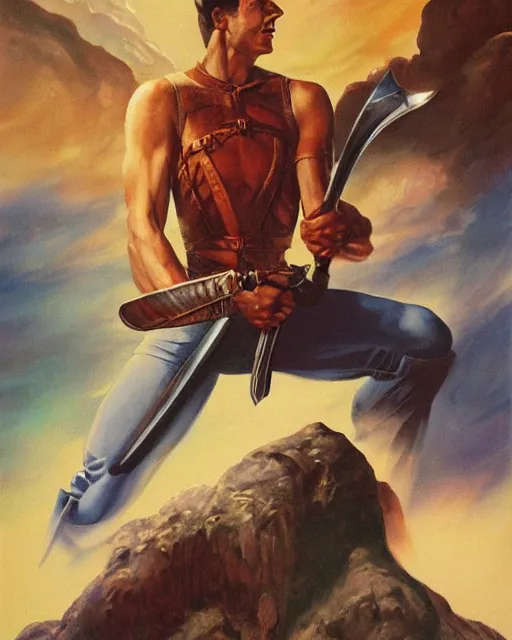 Prompt: a painting of a man holding a sword, poster art by boris vallejo and by juan gimenez and by david schleinkoferand by karel tholeand by david a. hardy, artstation, fantasy art, movie poster, poster art, reimagined by industrial light and magic