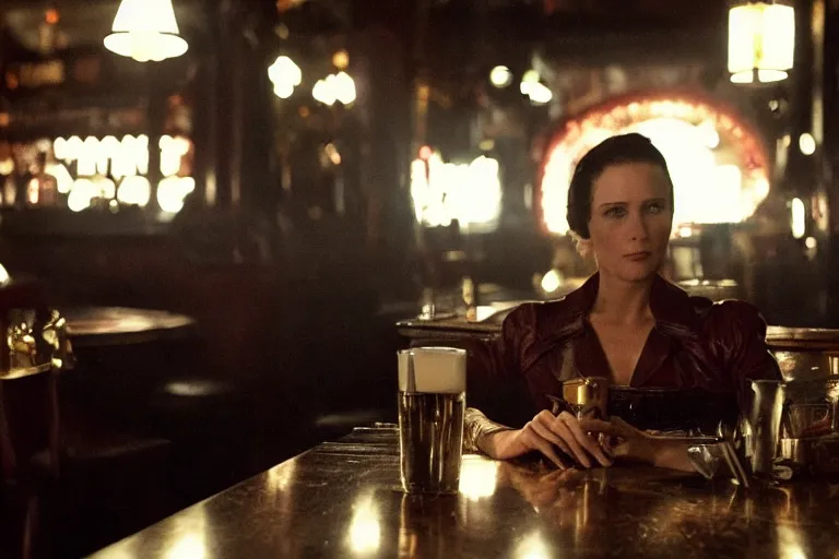 Image similar to cinematography of a beautiful cyborg woman in a vintage western bar alone asking for a drink by Roger Deakins