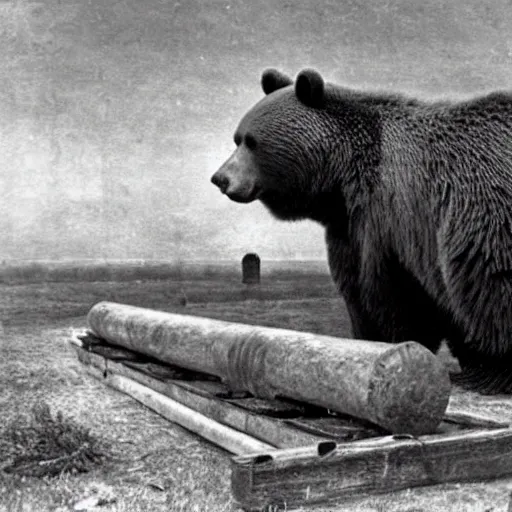 Image similar to a picture of a giant bear pulling a canon, eastern front, historical picture