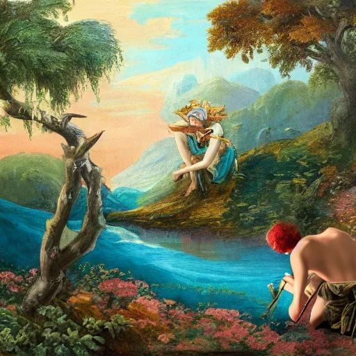 Image similar to painting fantasy nymph overlooking river as man fishes out giant chest full of gold