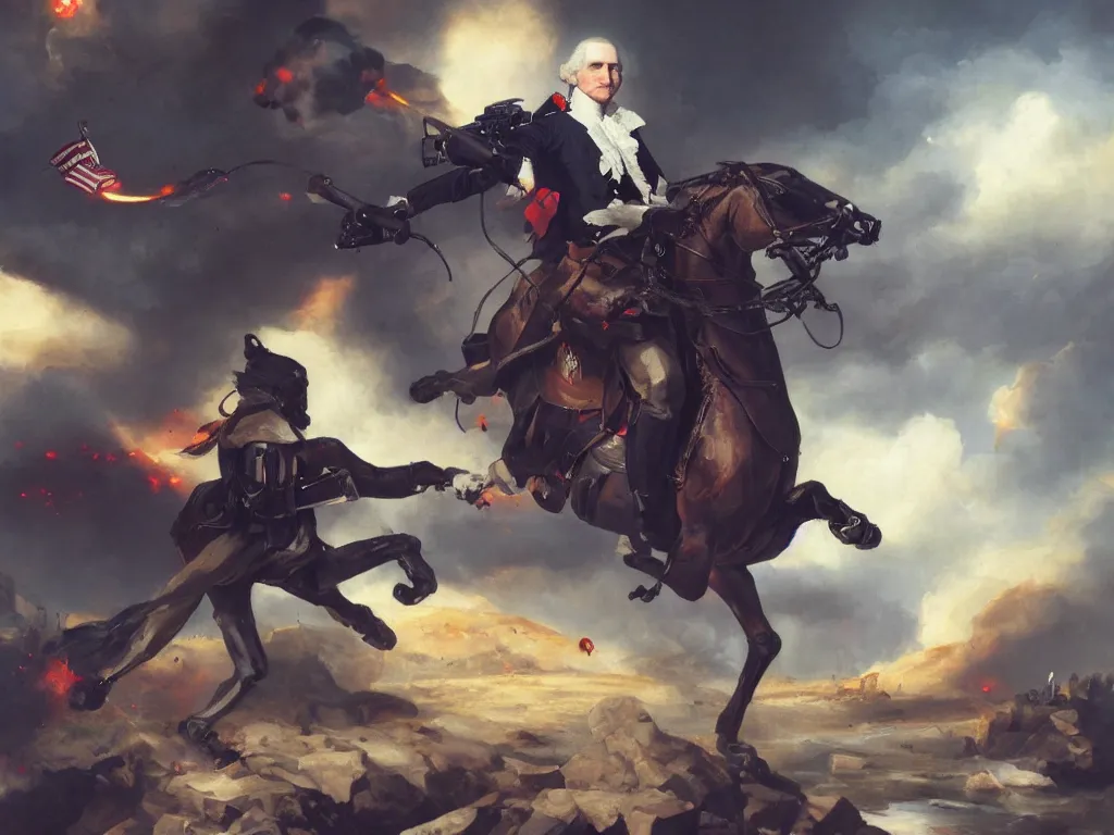 Prompt: George Washington, controlling his personal ED209, exciting illustration, explosive colors, trending on artstation