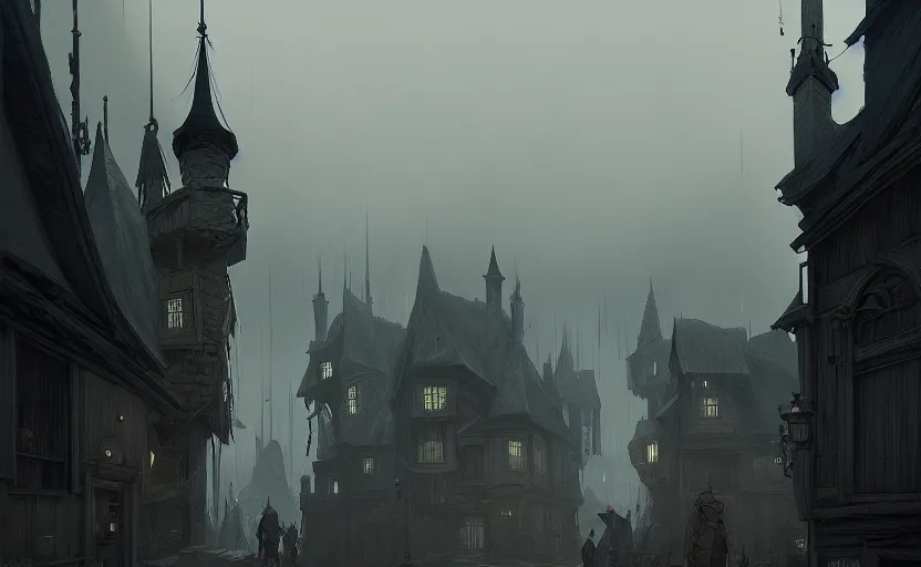 Image similar to beautifully done concept art of an old medieval mystic town : : art by jakub rebelka : : dramatic mood, overcast mood, dark fantasy environment : : trending on artstation, unreal engine, digital art