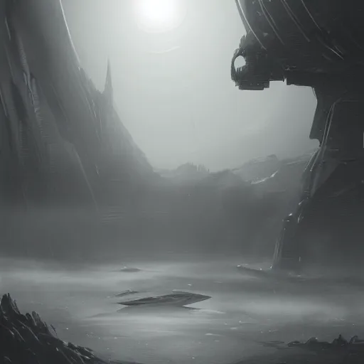 Prompt: a pencil sketch of a mech on an alien planet. moody. atmospheric. fog. cinematic