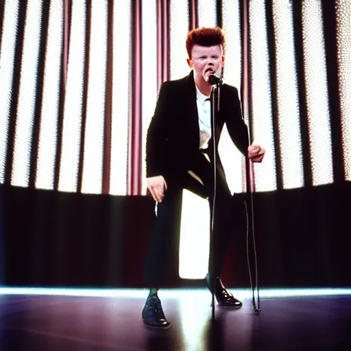 Image similar to young Rick Astley performing Never Gonna Give You Up, singing into a microphone, dancing, black suit, striped shirt, light background, full color photograph, 4k