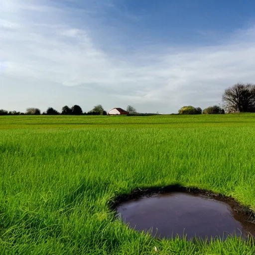 Prompt: a field with a house in the distance, a small stream flowing through the field, all inside a sphere