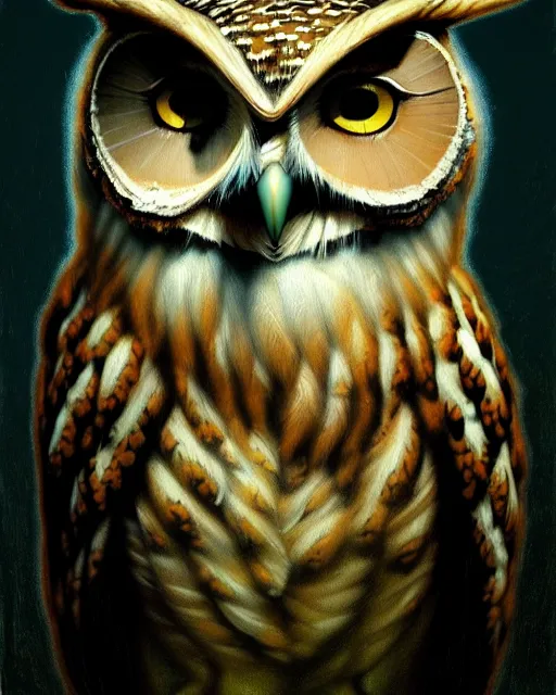 Image similar to an extremely detailed masterpiece painting of a fammulated owl looking down, in the style of brian froud, brian despain, brian bolland, digital art, unreal engine, volumetric lighting, dark moody lighting, trending on artstation, photorealistic, epic scene