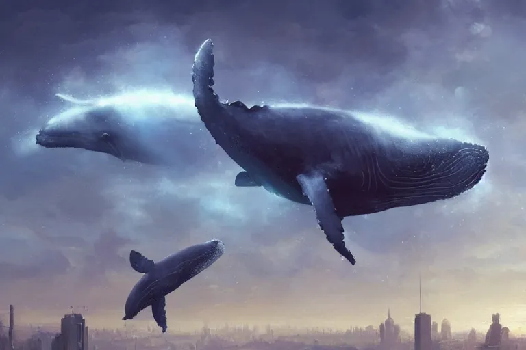 Image similar to whales in the sky above the city, digital art, trending on artstation, by greg rutkowski