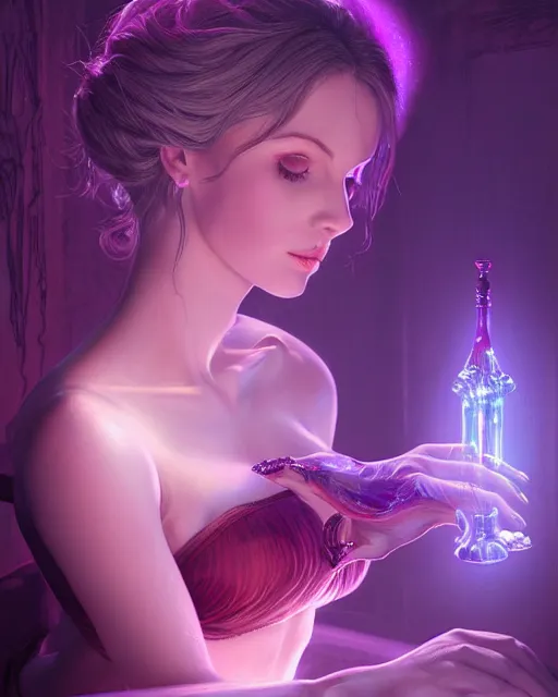 Prompt: Amouranth writing on herself, accurate details, detailed face, purple liquid in cup glowing, fantasy, dramatic, intricate, elegant, highly detailed, digital painting, artstation, concept art, smooth, sharp focus, illustration, art by Gustave Dore, octane render