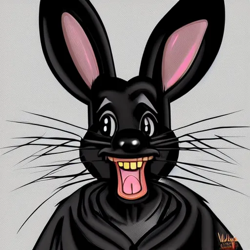 Image similar to A extremely highly detailed majestic hi-res beautiful, highly detailed head and shoulders portrait of a scary terrifying, horrifying, creepy black cartoon rabbit with scary big eyes, earing a shirt laughing, hey buddy, let's be friends, in the art style of Walt Disney