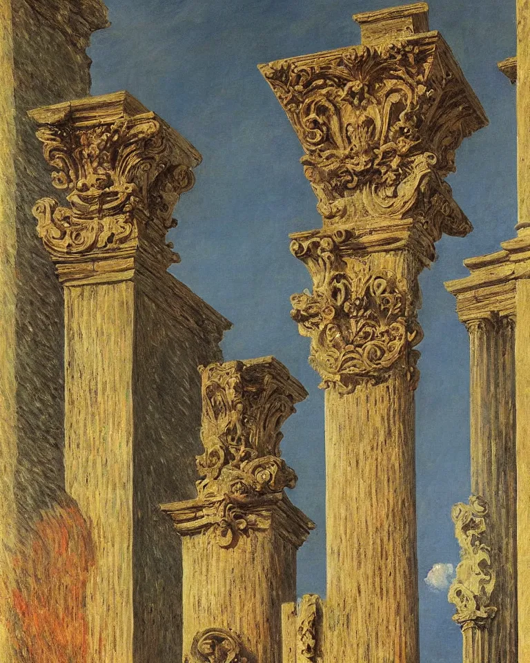 Image similar to achingly beautiful painting of intricate ancient roman corinthian capital on multicolored background by rene magritte, monet, and turner. giovanni battista piranesi.