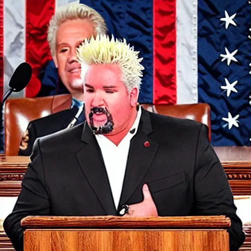 Prompt: President Guy Fieri giving State of the Union Address, press photo