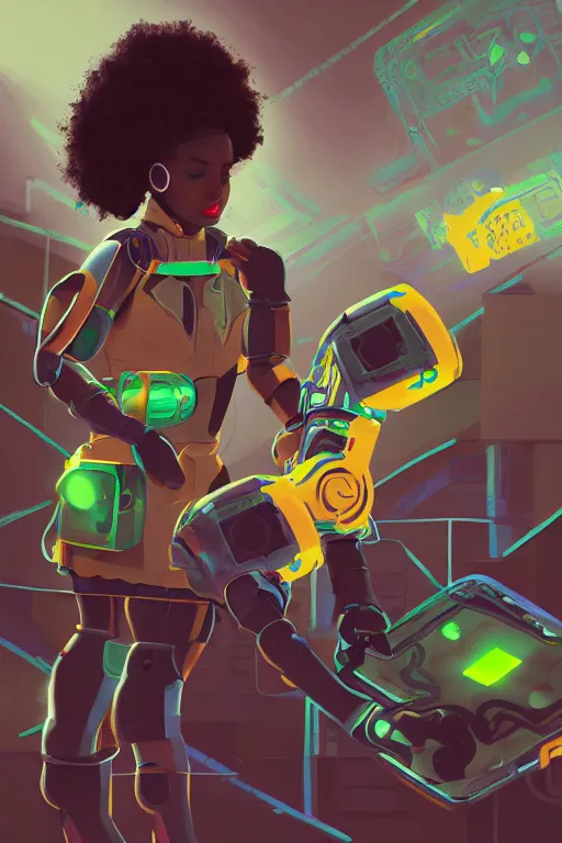 Image similar to a black girl fixing a robot, in the nature, mixing solarpunk, afropunk and cyberpunk technology and aesthetic ( ( ( ( volumetric light ) ) ) ), high angle, part by pearl fryar, part by prince damah, sunny day, trending on artstation, cinematic view, illustration, painting.