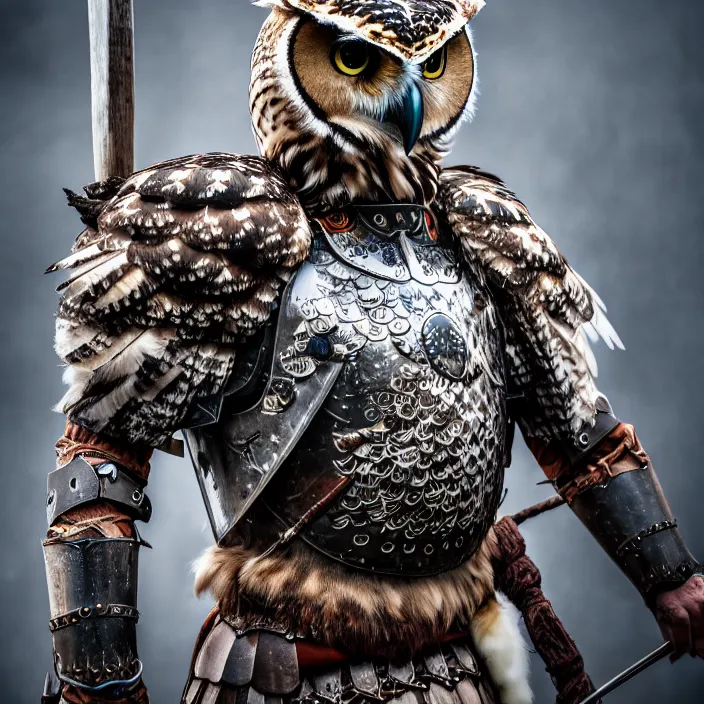 Prompt: full length photo of a warrior with owl themed armour, highly detailed, 4 k, hdr, smooth, sharp focus, high resolution, award - winning photo
