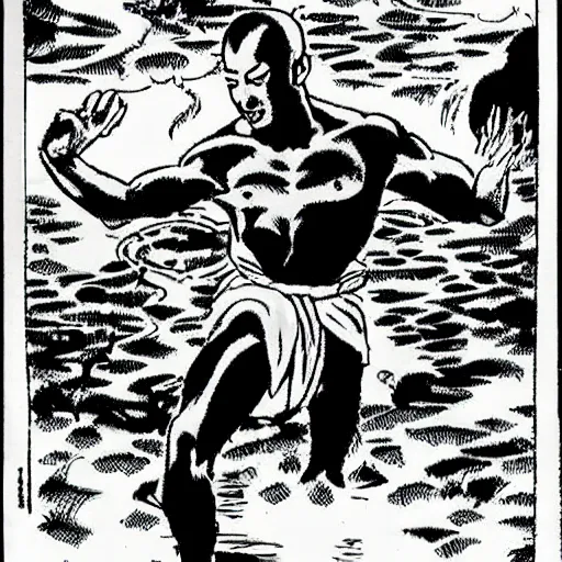 Prompt: a water temple with a shaolin bender, by steve ditko