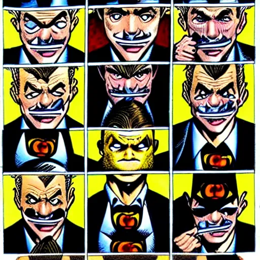 Image similar to drawing of 1 4 tiny jokers all in the mouth of gotham city's finest investigative reporter jack ryder, 4 k art by brian bolland, graphic novel art