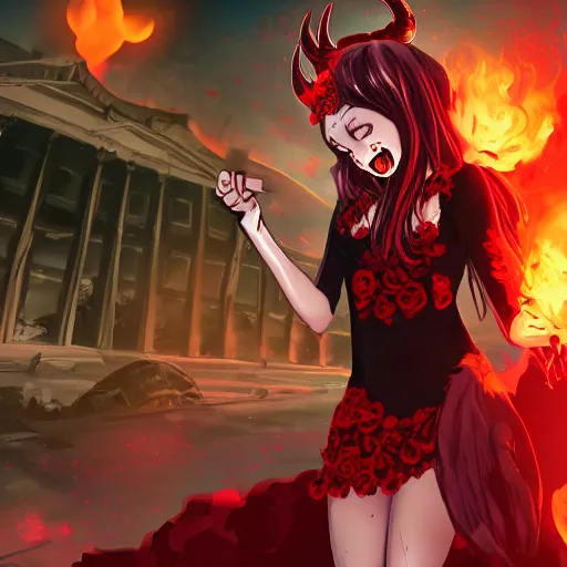 Prompt: super mad demon girl extreme anger with demon horns in a pretty black dress covered in blood with a rose in her hand, smug smile, in front of a destroyed city in flames, super high detail picture