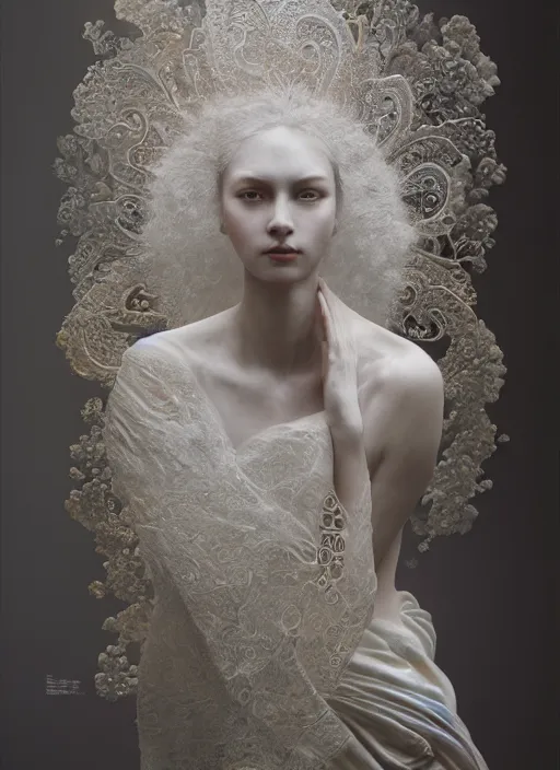 Image similar to opalescent marble sculpture of beautiful woman dissolving into shimmering dust, diaphanous, ivory carving, pearlescent, caustics, fractal paisley inlay, lace, intricate, elegant, highly detailed, digital photography, by ruan jia and greg rutkowski