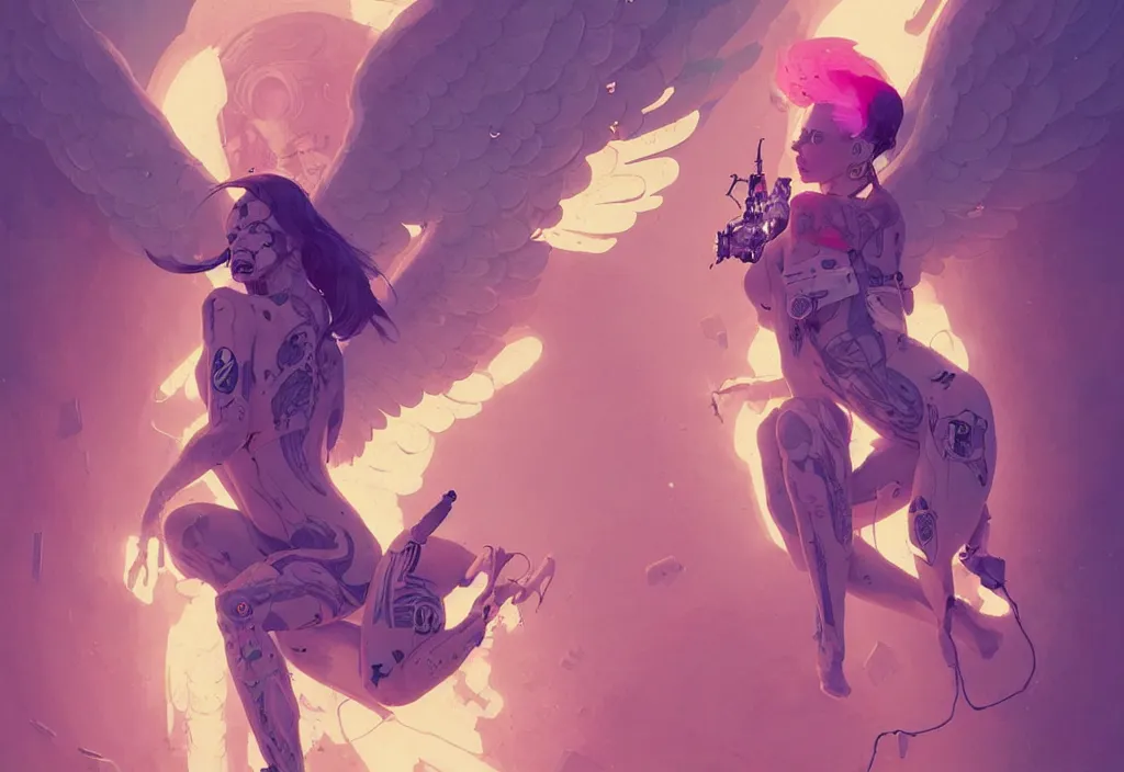 Image similar to an angel in space covered in tattoos, fantasy, anatomically correct, by atey ghailan, by greg rutkowski, by greg tocchini, by james gilleard, by joe gb fenton, by kaethe butcher, dynamic lighting, gradient light yellow, pink, blonde cream and white color in scheme, cyberpunk aesthetic