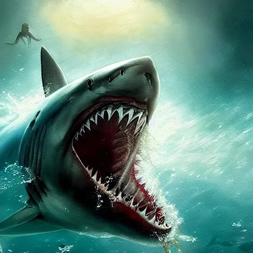 Image similar to a dream fantasy painting of ( white shark with blood teeth ) near a scuba diver, in the deep, trending on artstation, deviantart, matte painting by antonio j. manzanedo, greg rutkowski, holly bruce,